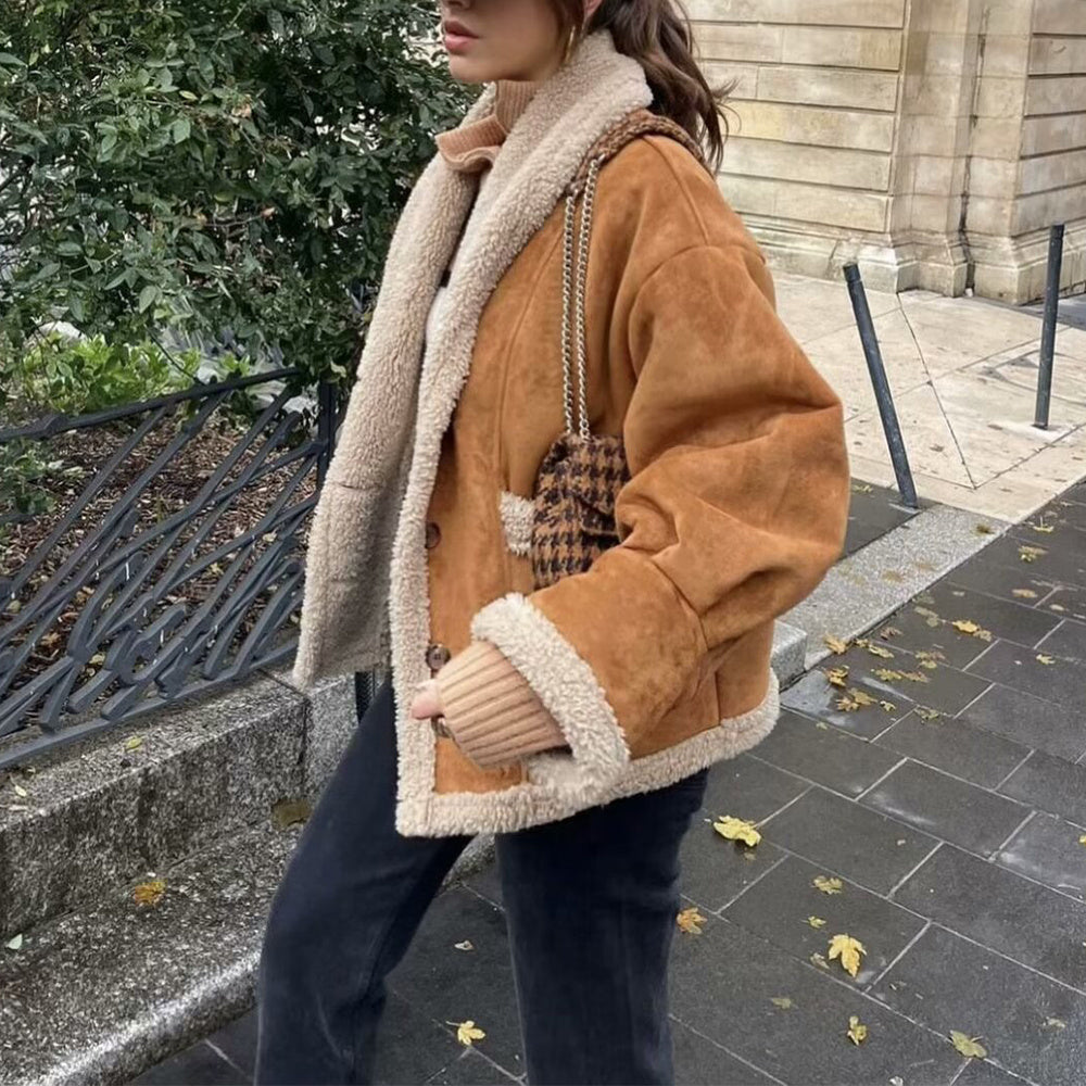 Lapel Woolen Coat With Pockets - Winter Fashion Loose Suede Short Top Women's Clothing