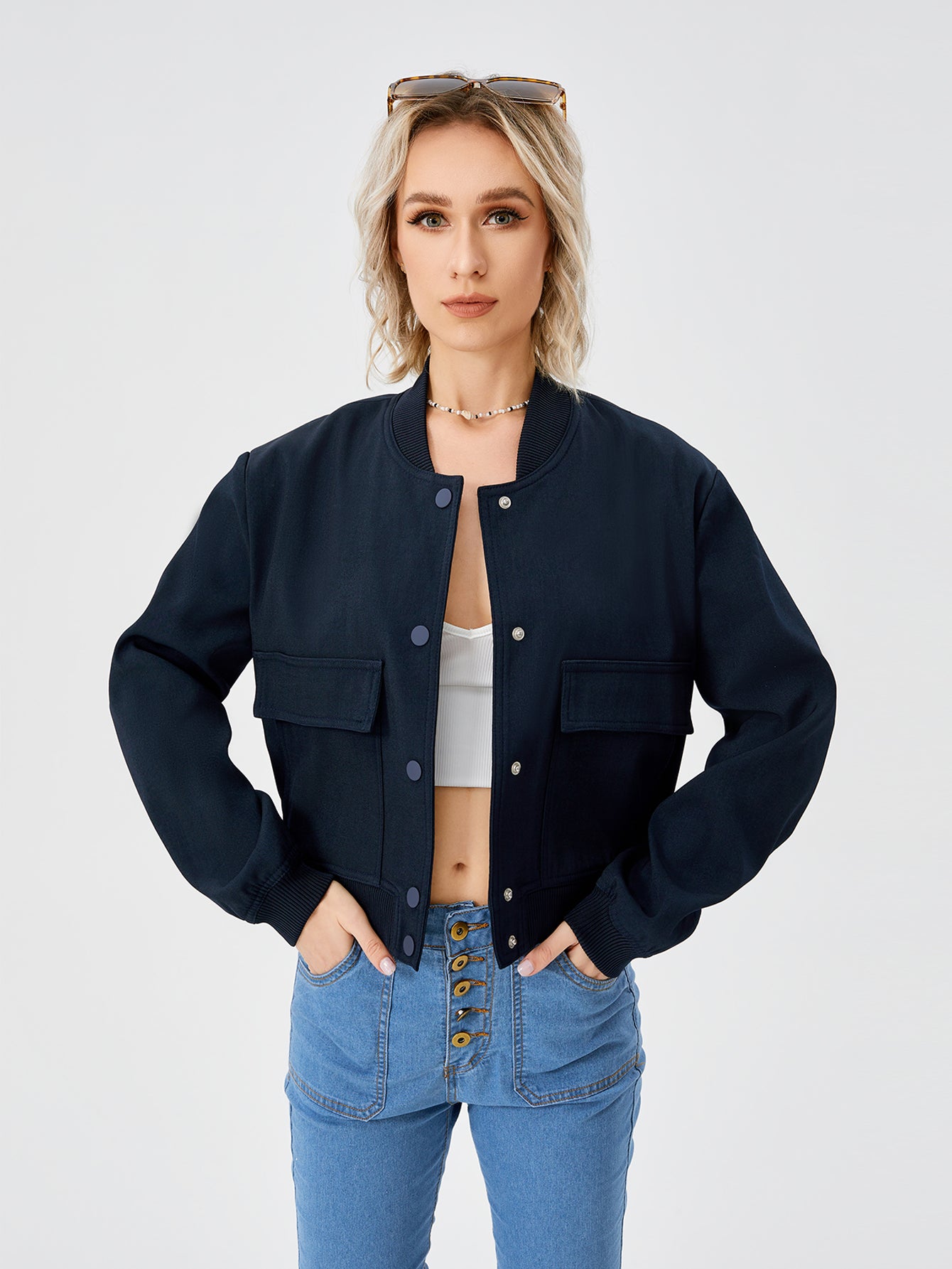 Veste bombardier courte légère pour femmes, veste universitaire décontractée à manches longues avec poche, mode Y2k, Streetwear