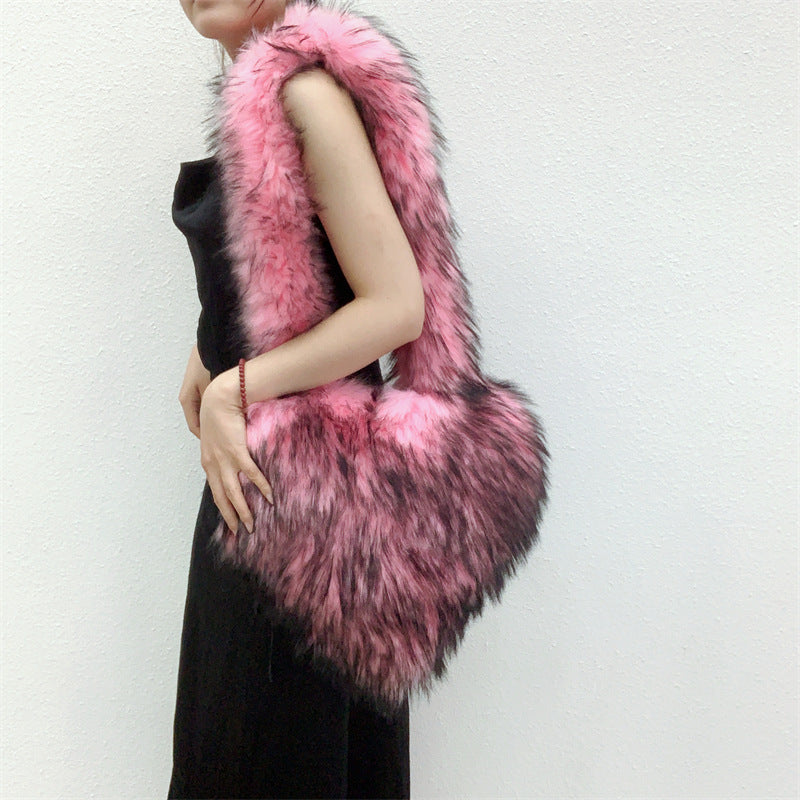 Sacs à bandoulière en polaire d'hiver pour femmes, sac à bandoulière en forme de cœur en peluche, sac d'amour de grande capacité