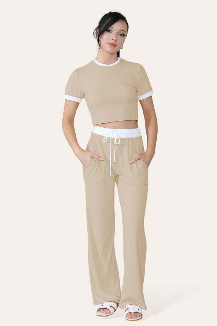 Ribbade kontrastfärgade vida benbyxor och topp i loungewear med TRS-beskuret set
