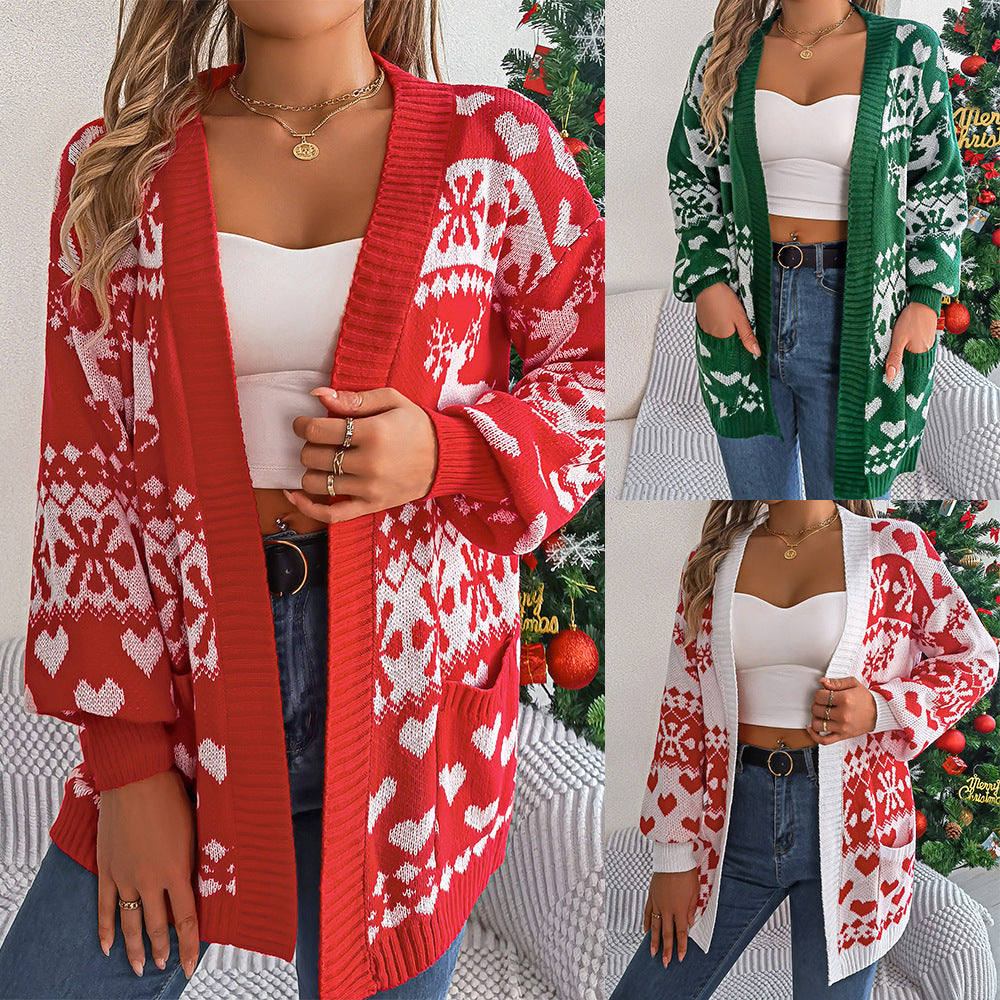 Christmas Women's Open Front Cardigan - Lantern Sleeve, Xmas Printed, Oversized Deer Sweater with Pockets