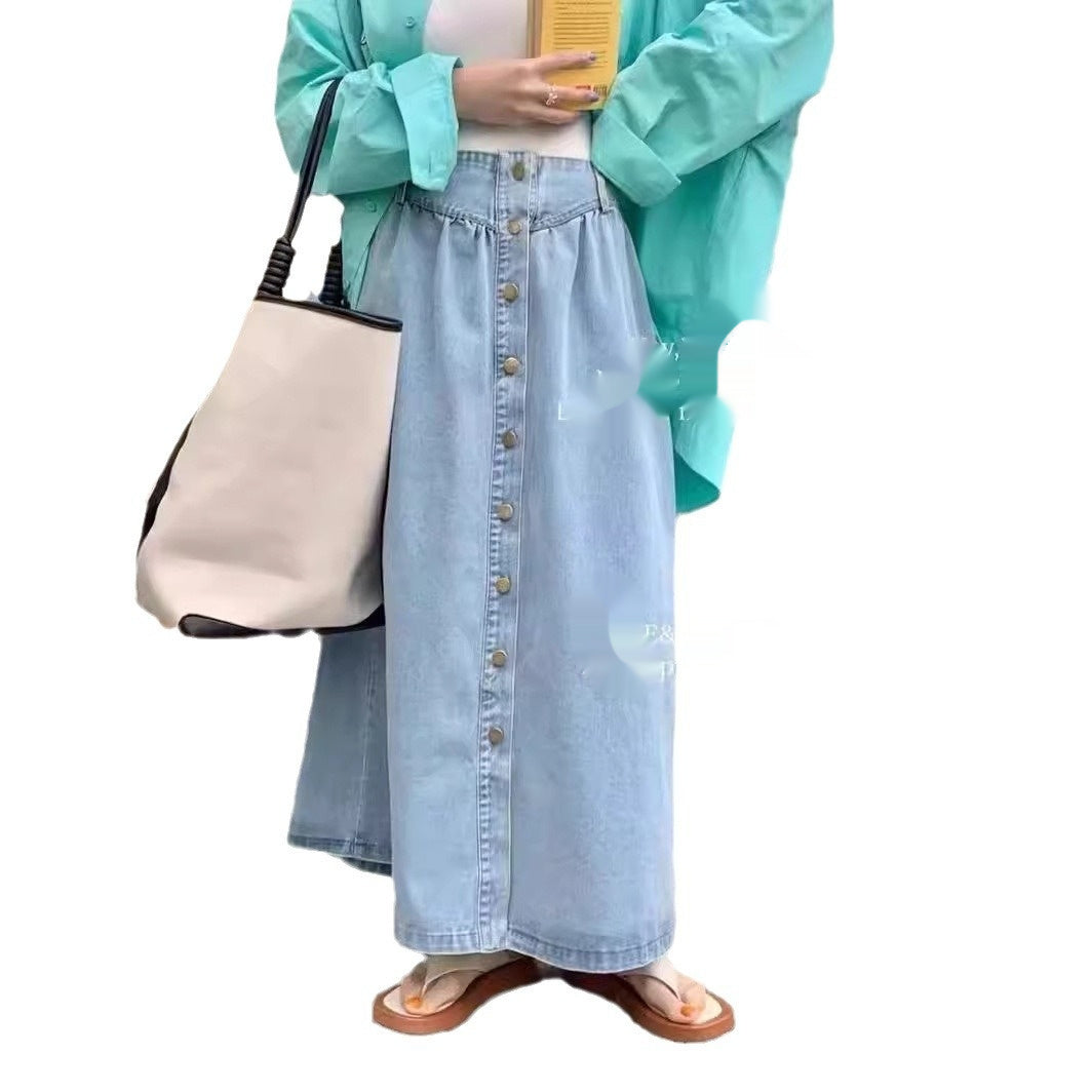 Professional Fashion Slimming Single-Breasted Denim Skirt - Cotton Construction (Dark/Light Blue, Free Size, Street Style)