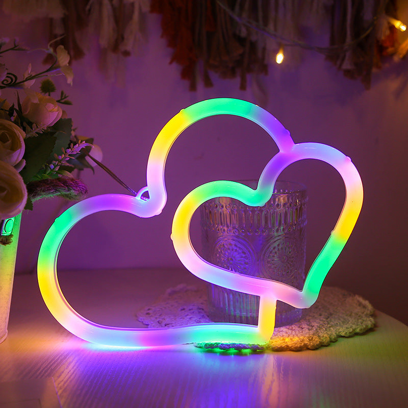 LED Néon USB Alimenté par Batterie Double Amour Chambre Décor Suspendu Maison Festive