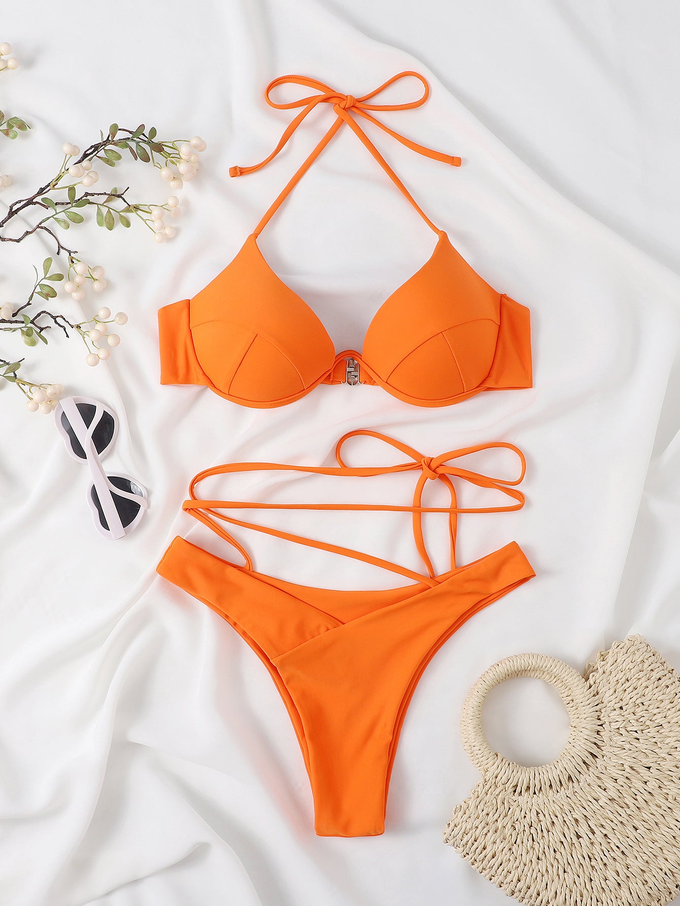 Professional New Split Bikini Set For Women - Nylon Construction (Solid Color, Orange, S-L, UV-Protective Fabric, Adjustable Straps)
