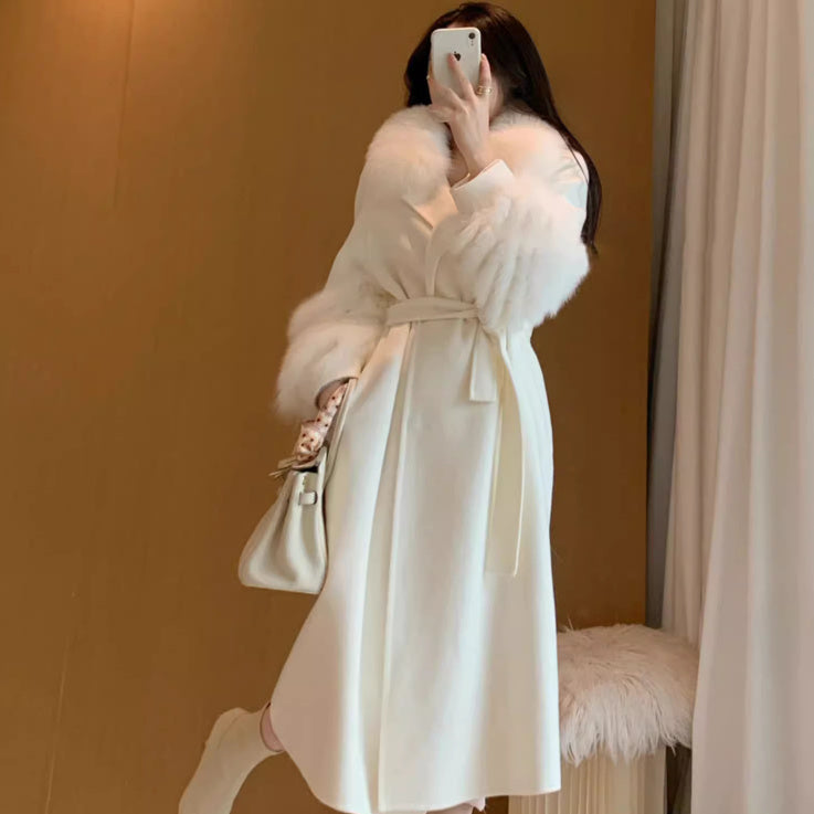 Overcoat Medium Long Woolen Coat - 100% Polyester Commuting Style White Professional