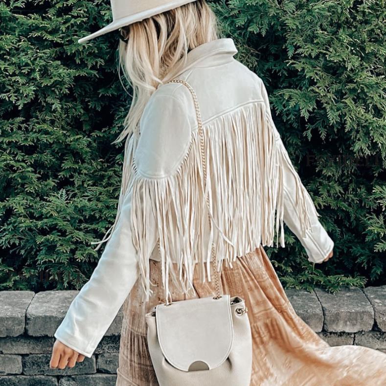 Veste à franges en cuir simili daim pour femme Moto Biker manteau court ouvert sur le devant avec pompon