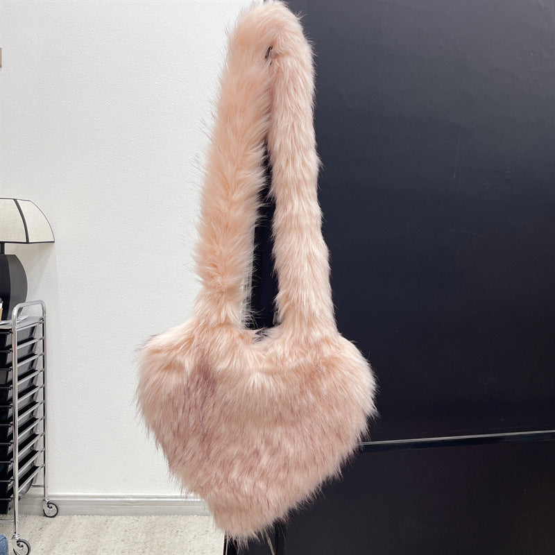 Sacs à bandoulière en polaire d'hiver pour femmes, sac à bandoulière en forme de cœur en peluche, sac d'amour de grande capacité
