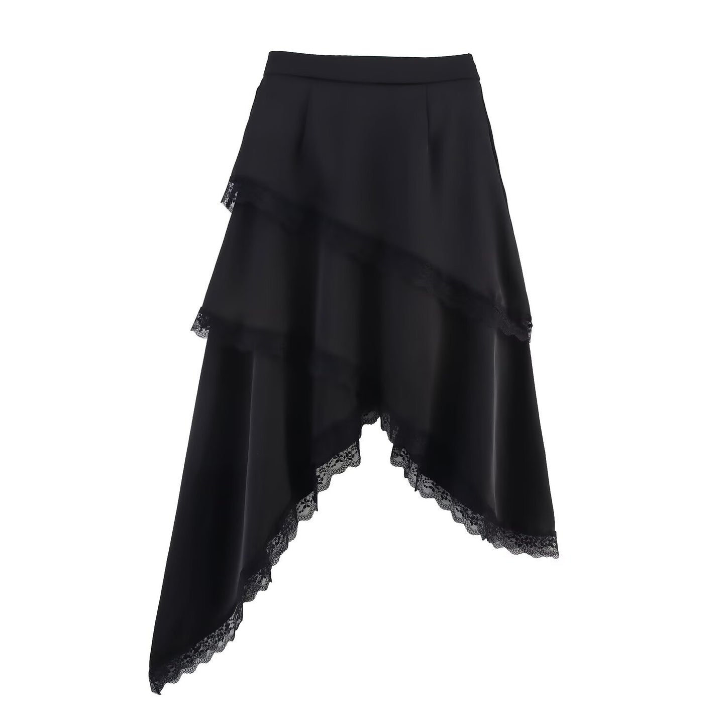 Professional Solid Color Multi-Layer Lace Tiered Skirt - Polyester High-Waisted (Black/White, M-L, College Style)