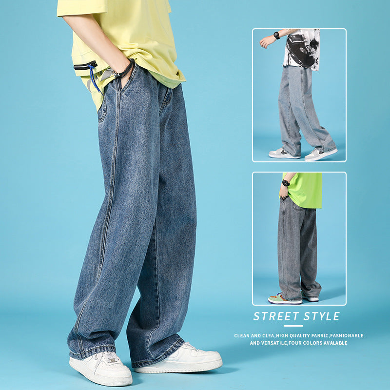Raka Lösa Jeans Herr Fritidsbyxor Hip Hop Cargo Denim Byxor Med Dragkedja