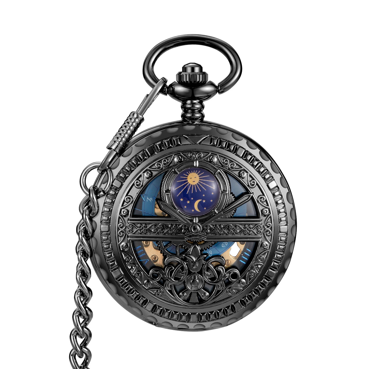Golden Retro Hollow Pointer Night Sky Semi-Automatic Mechanical Pocket Watch - Celestial Elegant Timeless Exquisite