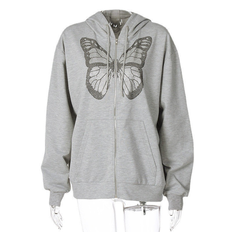 Butterfly Pattern Rhinestone Zipper Streetwear - Stylish & Durable