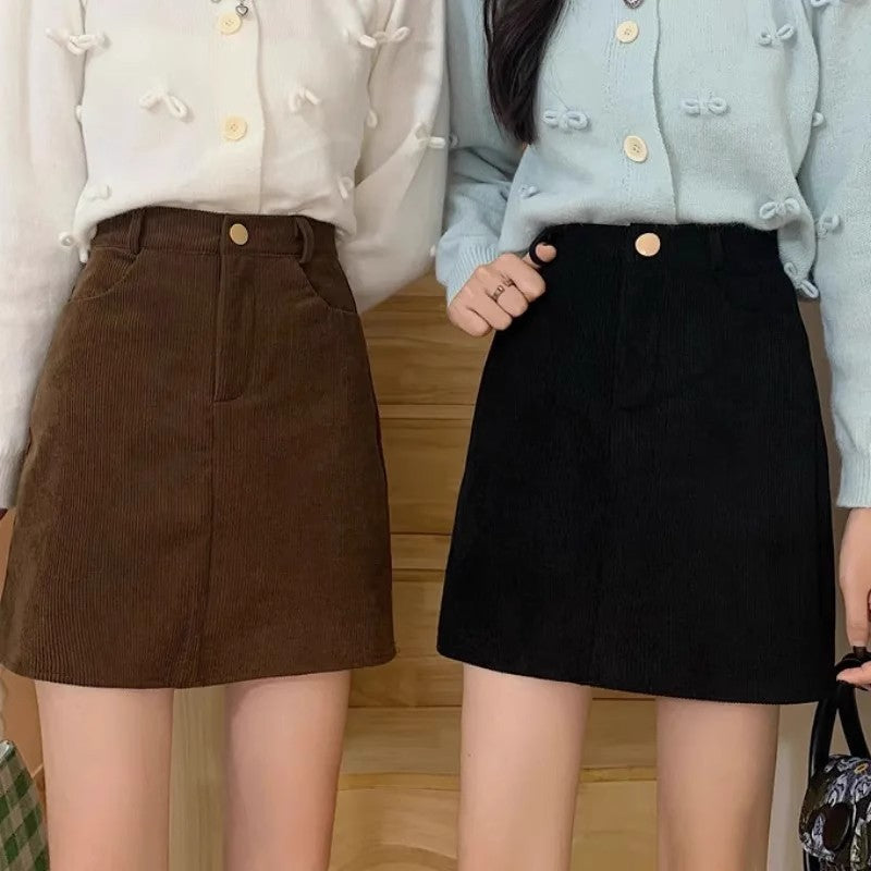Professional High Waist Slimming Anti-Emptied Hip Skirt - Corduroy Cotton (Black/Brown, XS-4XL, Temperament Commute)