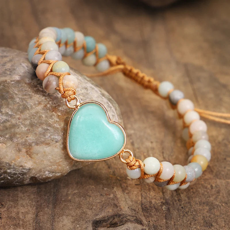 Klassiska hjärtformade charmarmband Amazonit snöre flätade makramé armband tonårsflickor wrap armband femme kvinnor smycken