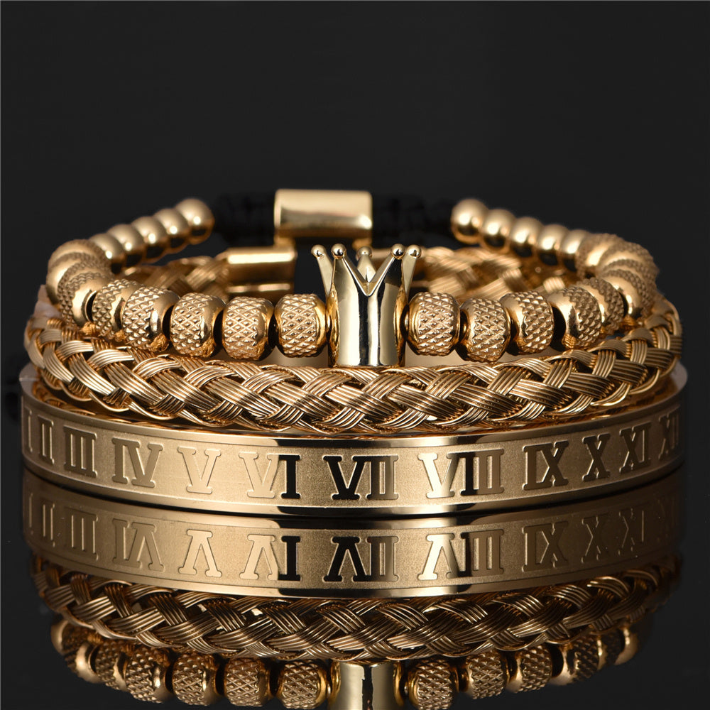 Lyxigt romerskt kungligt krona-berlockarmband för män i rostfritt stål med geometri, pulsera för män, justerbara armband för par, presentsmycken