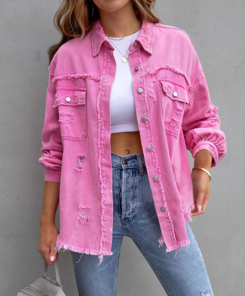 Veste en jean légère effilochée surdimensionnée pour femme, boutonnée, déchirée, en détresse