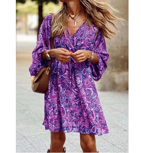 New Printed Long Sleeve A-Line Boho Dress