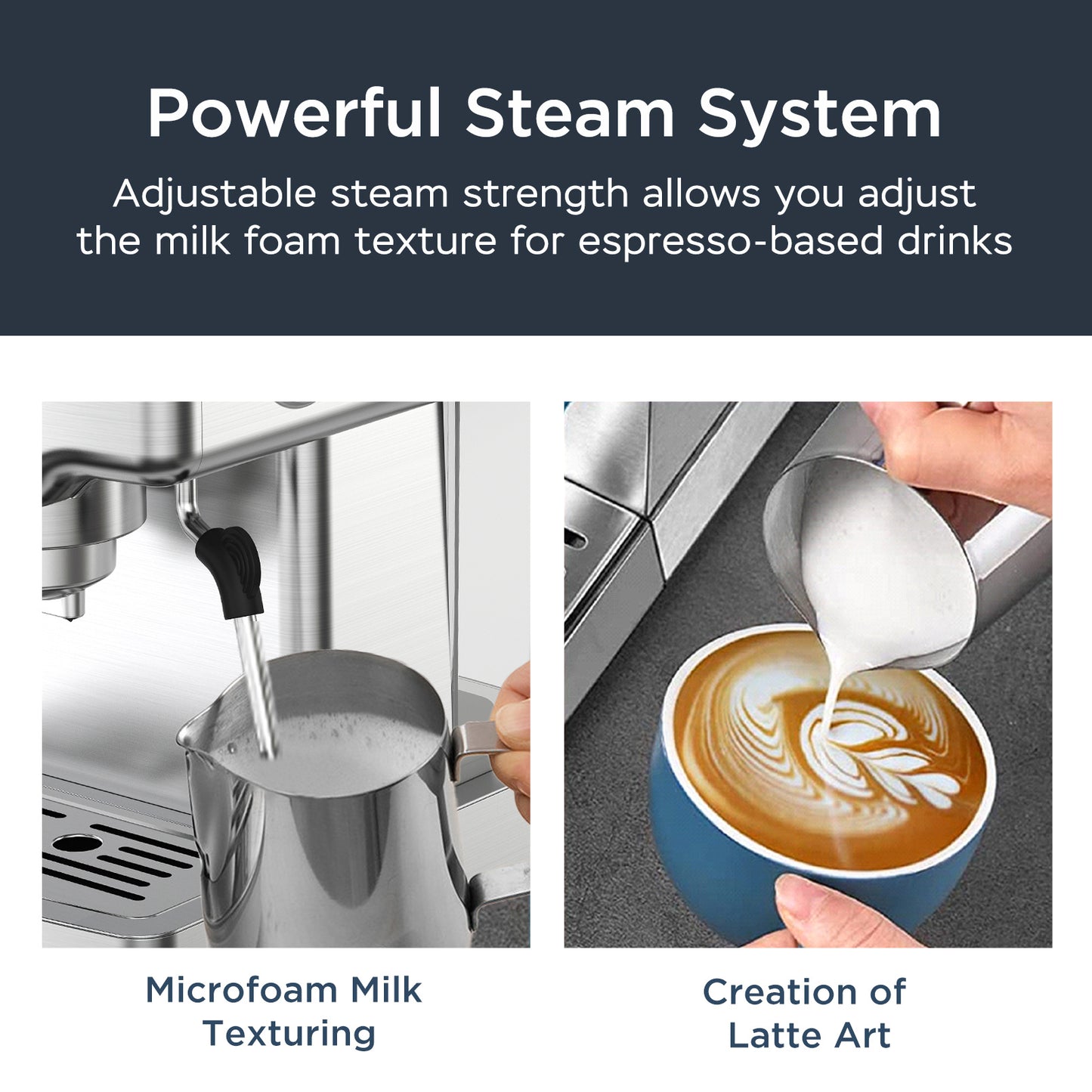 Geek Chef Espressomaskin, 20 bar espressomaskin med mjölkskummare för latte, cappuccino, macchiato, för hemmabruk, 1,8 liters vattentank, rostfritt stål, förbud mot Amazon