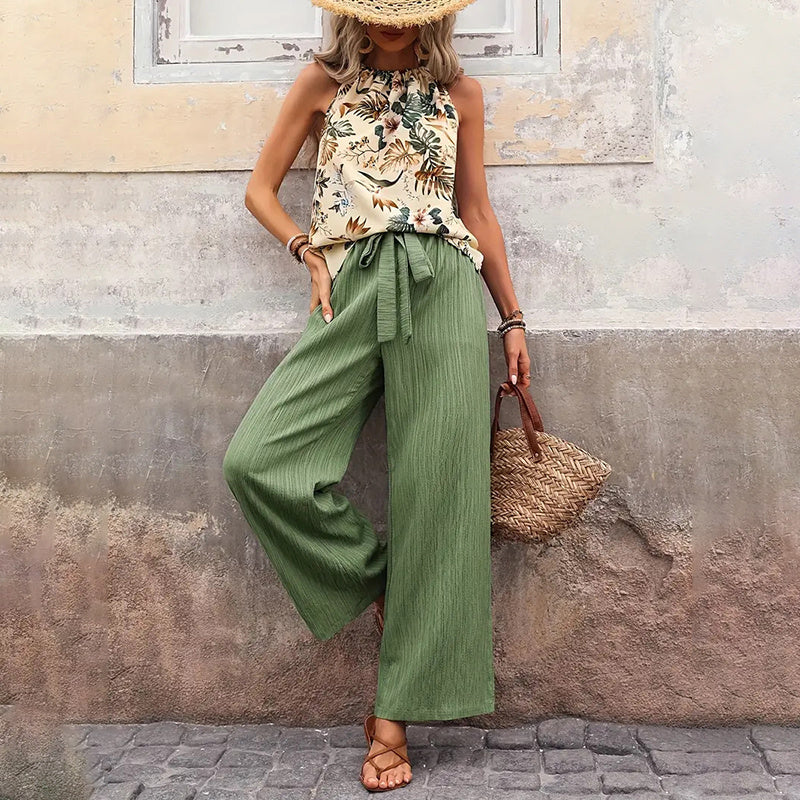 Damkläder med två delar, sommar, casual, ärmlös, halterneck, crop tops, vida ben, set med byxor