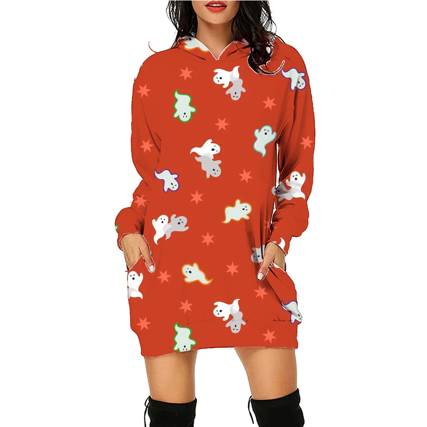 Halloween Print Lång Hoodie Med Fickor Tröja Långärmade Kläder Kvinnor