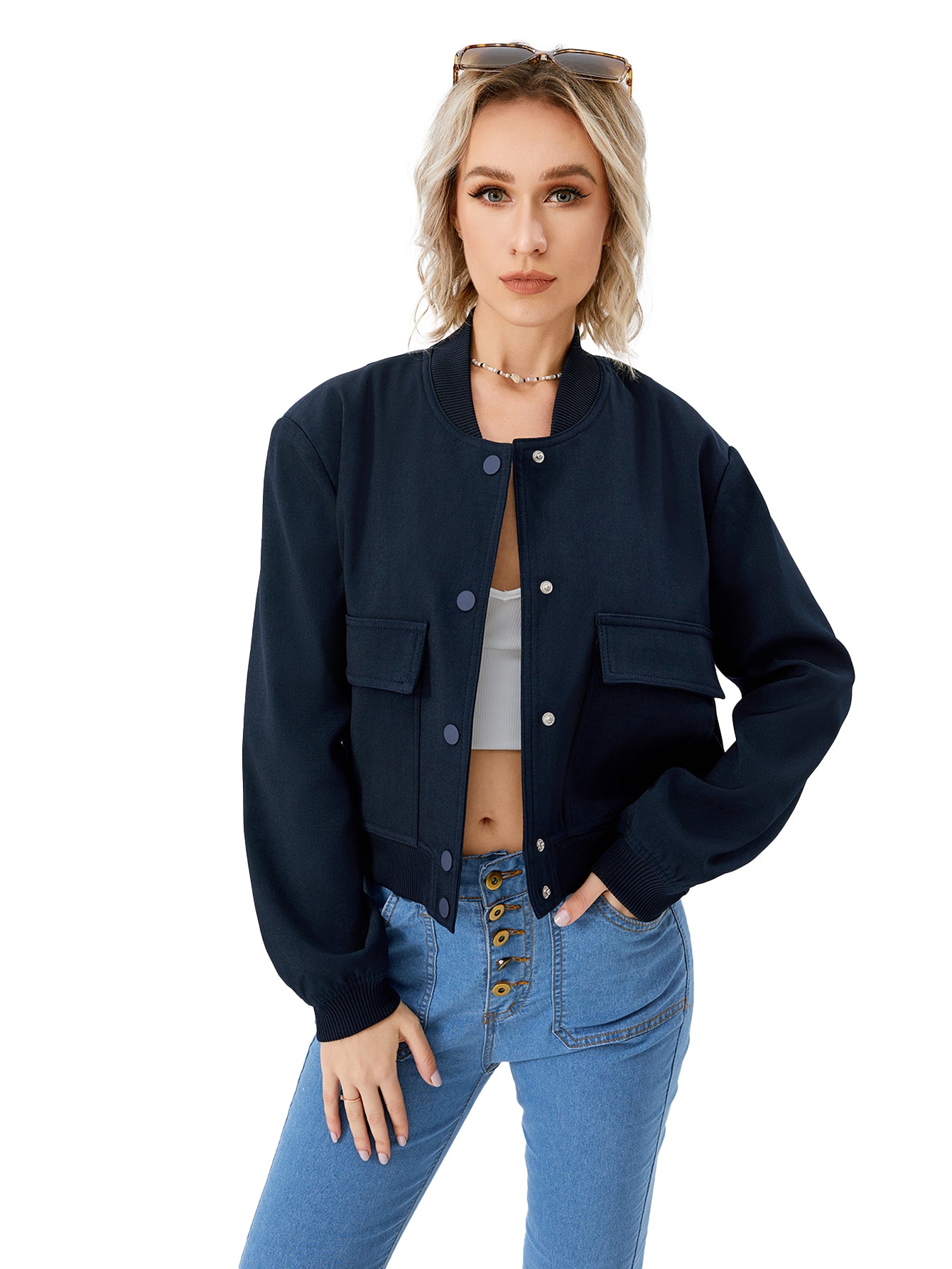 Veste bombardier courte légère pour femmes, veste universitaire décontractée à manches longues avec poche, mode Y2k, Streetwear