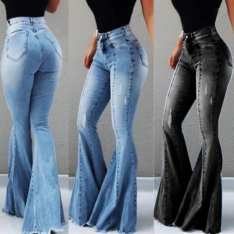 Elastisk hög midja Ripped Denim Bell-bottom byxor kvinnor