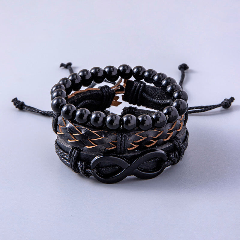 Punk Svart Flätat Läderarmband Vintage Infinity Symbol Charms Pärlarmband För Män