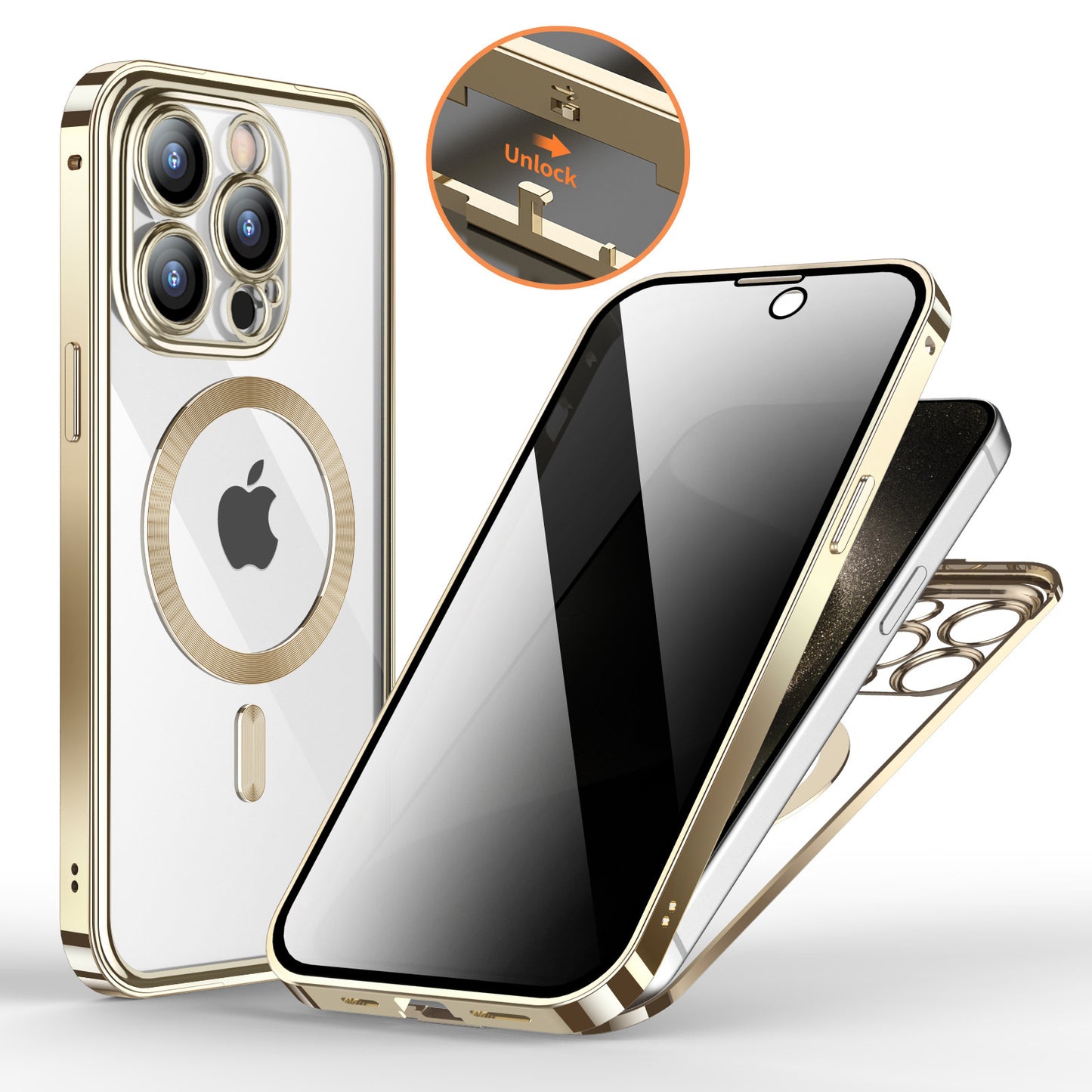 Anti-sekretess metallspänne magnetiskt stöd trådlös laddning dubbelsidig lins heltäckande telefonfodral skyddande fodral