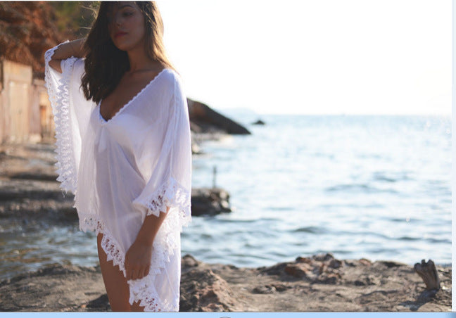 Professional Lace Hollow Crochet Swim Suit - Cotton Beach Dress (White, Fashion Trend, Solid Color)