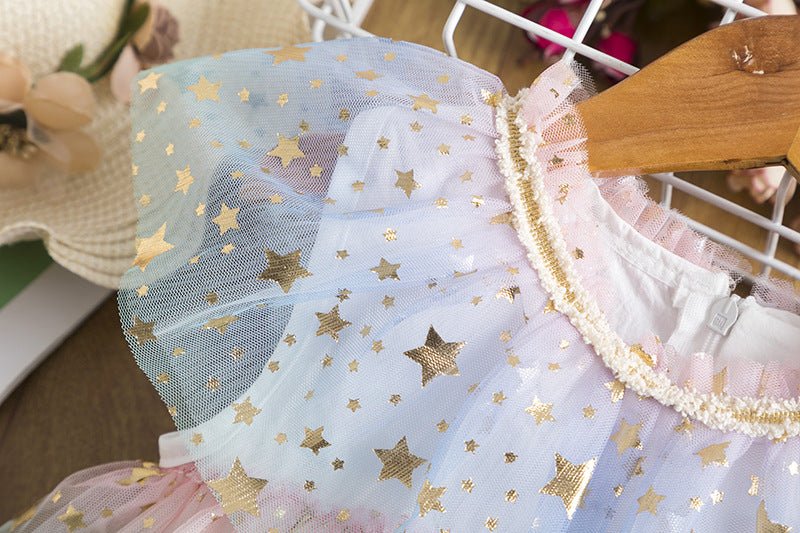 Robe d'été à gâteau princesse pour filles, fil en filet avec étoiles arc-en-ciel, pour enfants