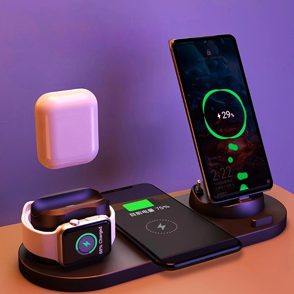 Trådlös laddare för iPhone snabbladdare för telefon snabbladdningsplatta för telefonklocka 6 i 1 laddstation