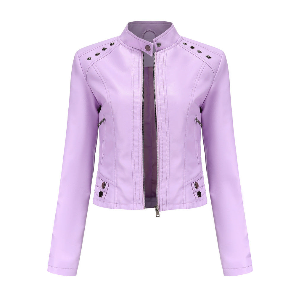 Veste courte femme en cuir clouté manches longues