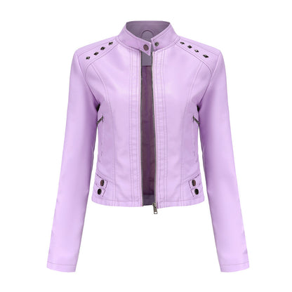 Veste courte femme en cuir clouté manches longues