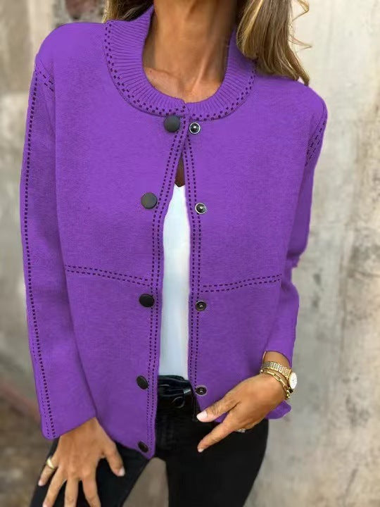 Ins Black-striped Button Cardigan Fashion Sweater Loose Round Neck Long Sleeve Cropped Tops Women's Clothing