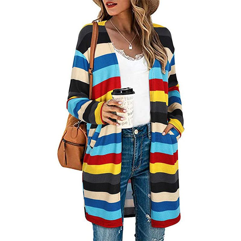 European And American Women's Jackets Striped Print Women's Cardigan Top