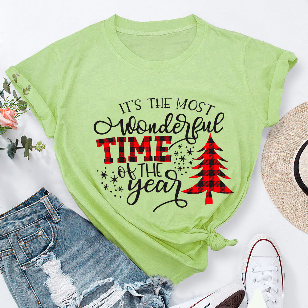 Christmas Print Round Neck Short Sleeve Women's T-shirt