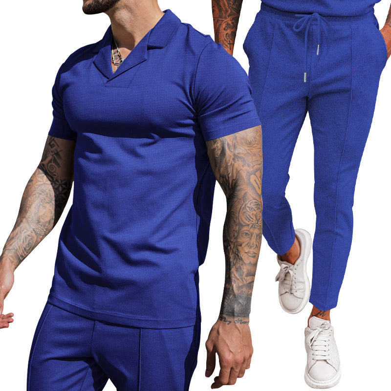 V Neck Casual Lapel Shirt Men's Short Sleeve Pants Suit