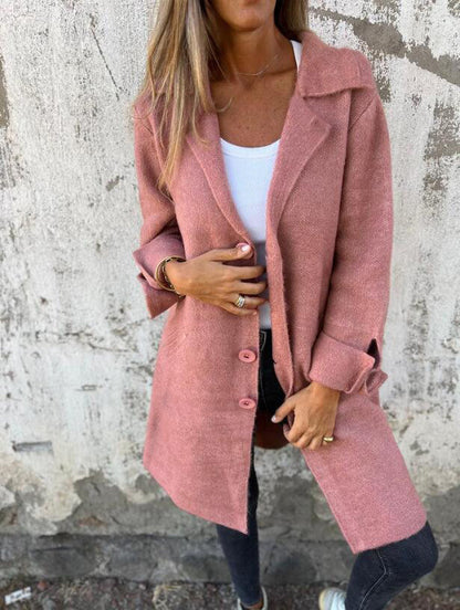 Lapel Single Breasted Cardigan With Pockets Fashion Color Solid Mid-Length Outwear Coat Womens Clothing