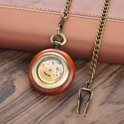 Mahogany Texture Dial Golden Roman Literal Automatic Mechanical Wooden Pocket Watch