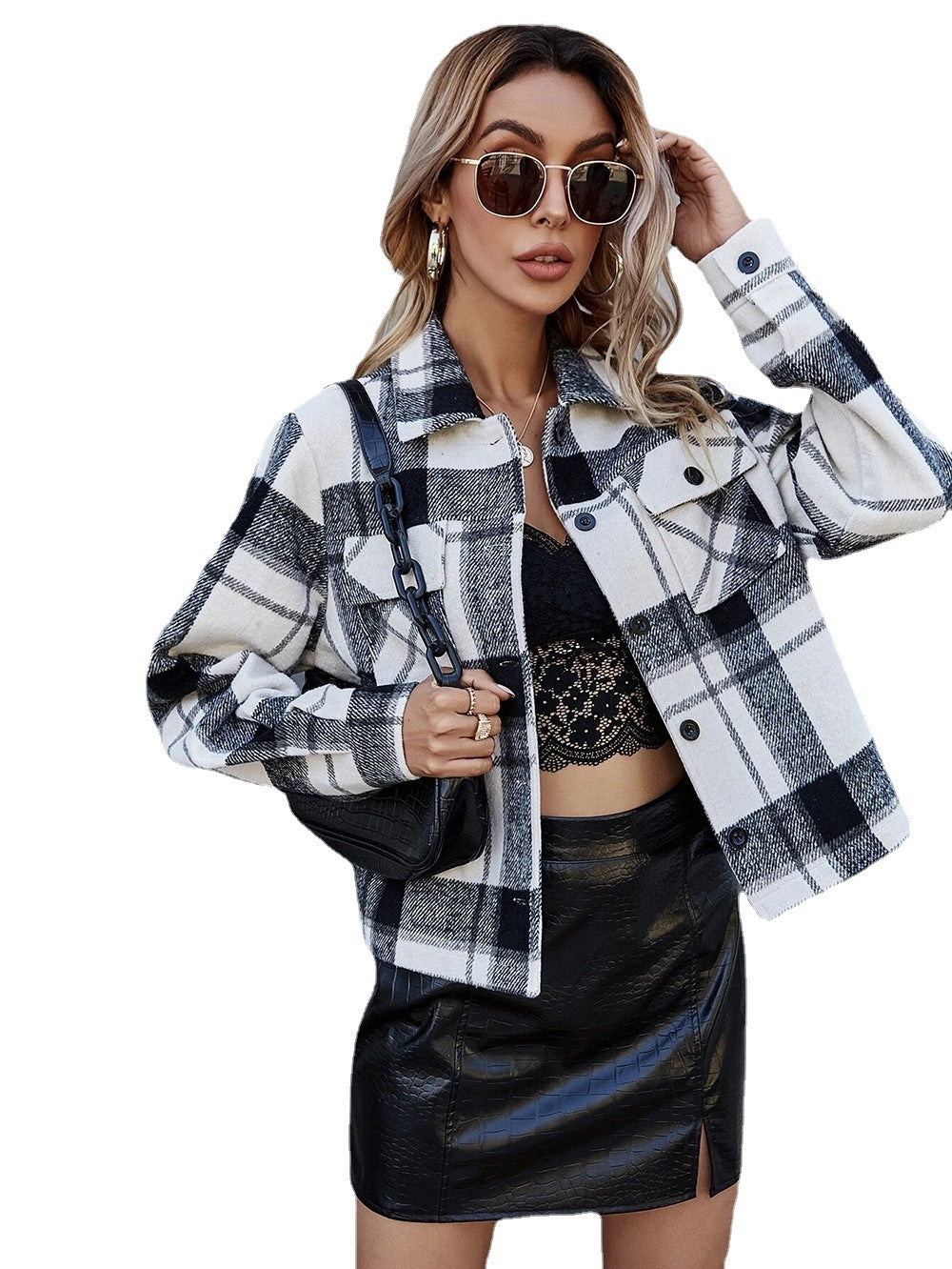 Manteau court à carreaux en laine à simple boutonnage pour femme