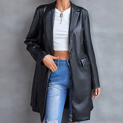 Haut blazer coupe-vent à manches longues en cuir pour femme