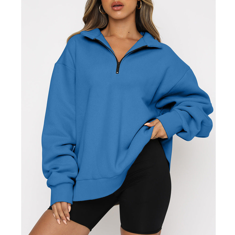 Dam sweatshirts Zip turndown krage Lösa Casual Tops Kläder