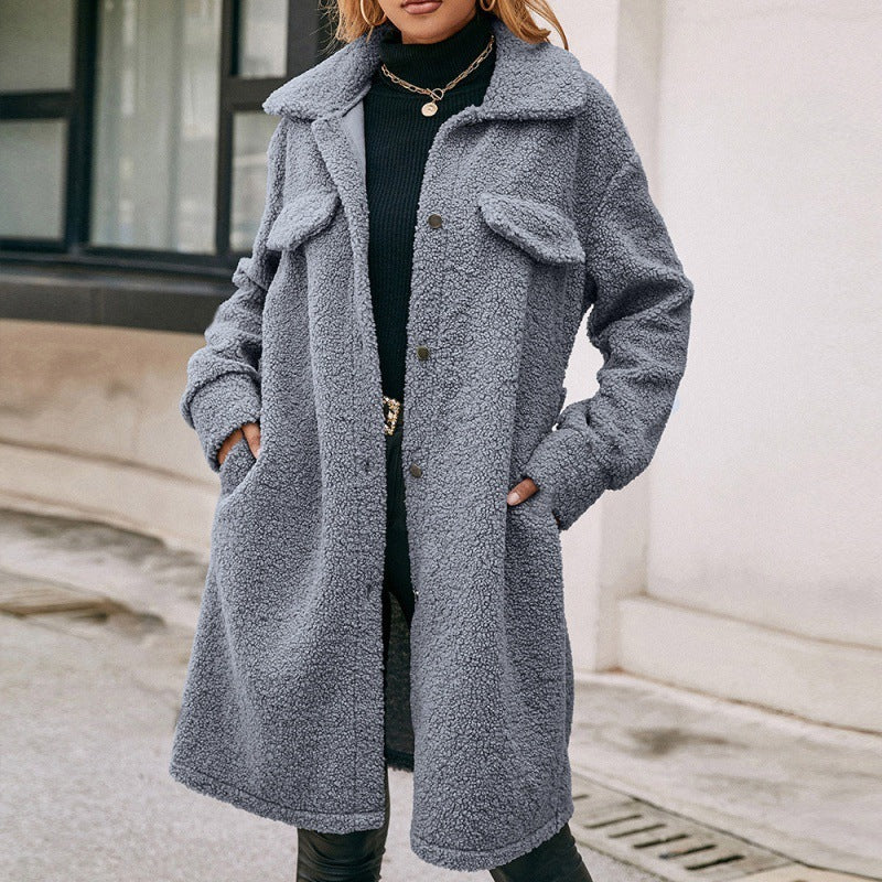 Mellanlång Lapel Belted Enkelknäppt Plush Trench Coat