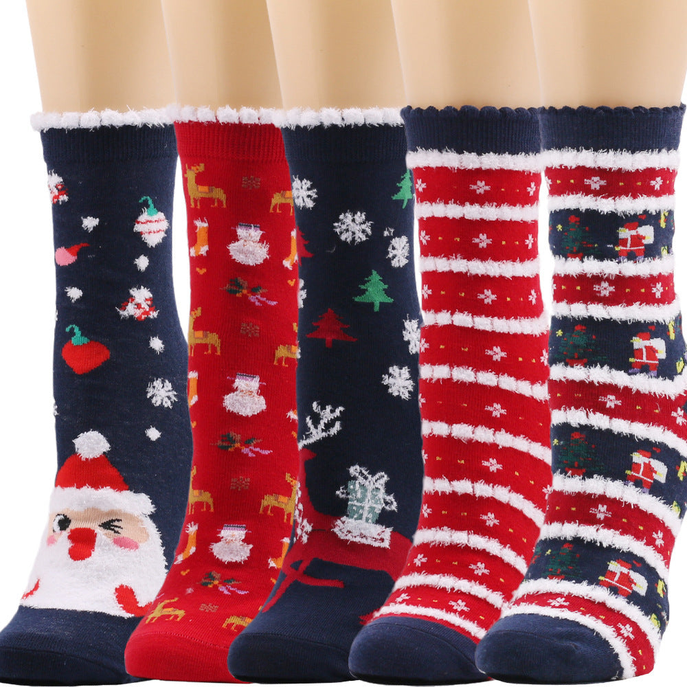 Nouvelles chaussettes européennes et américaines chaussettes de Noël chaussettes en peluche d'automne et d'hiver pour femmes chaussettes de Noël chaussettes pour femmes chaussettes mi-mollet chaussettes de Noël transfrontalières