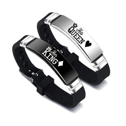 Bracelets de Couple en argent noir, son roi, sa reine, cadeau de saint valentin 