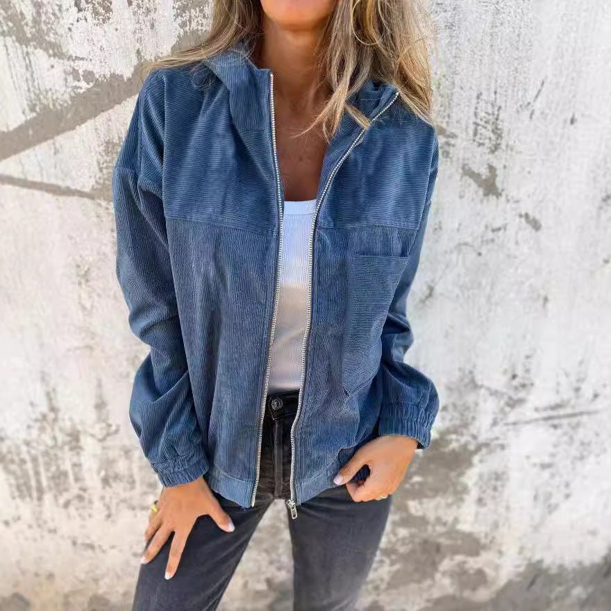 Women's Solid Color Simple Corduroy Hooded Jacket