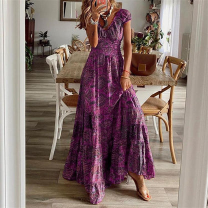 Summer Floral Print A-Line Dress  Women's Waist-Cinching  Mid-Length Dresses