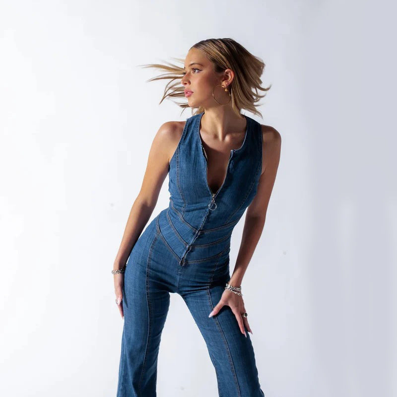 Combinaison en Denim pour femmes, Slim, en forme de cœur, dos nu, col licou, fermeture éclair, taille haute, vêtements de Style rétro, été