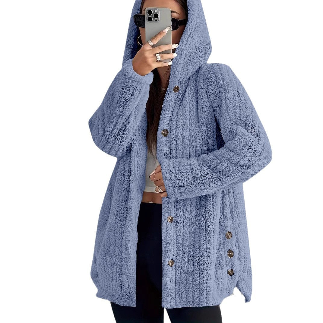 Hooded Loose Plush Coat Women's Regular Sleeve