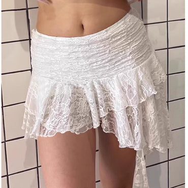 Professional Retro Lace Edge Irregular Hem Short Skirt - Polyester Asymmetric (White/Black, S-L, Slimming Design)