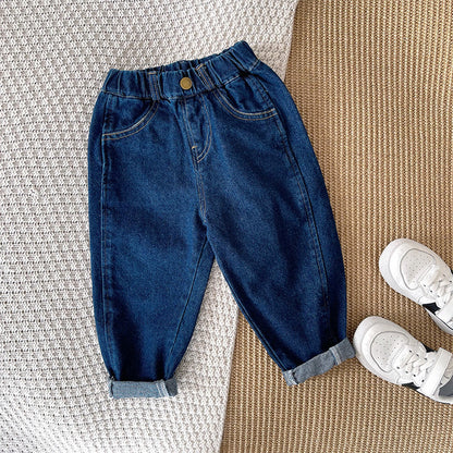 Boys' Blue Solid Color Crimped Trousers